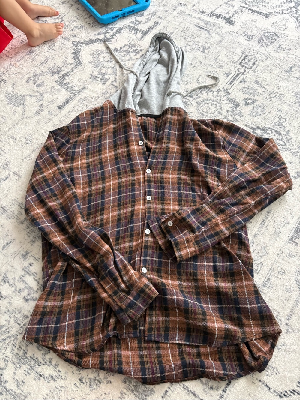 Plaid Hooded Button-Up Shirt Jacket - Brown & Navy